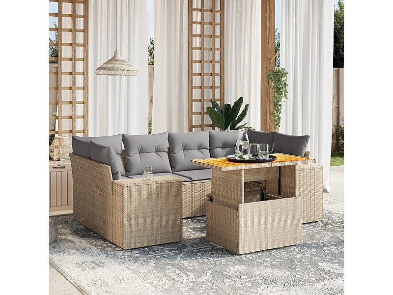 7-delige Loungeset met kussens poly rattan beige