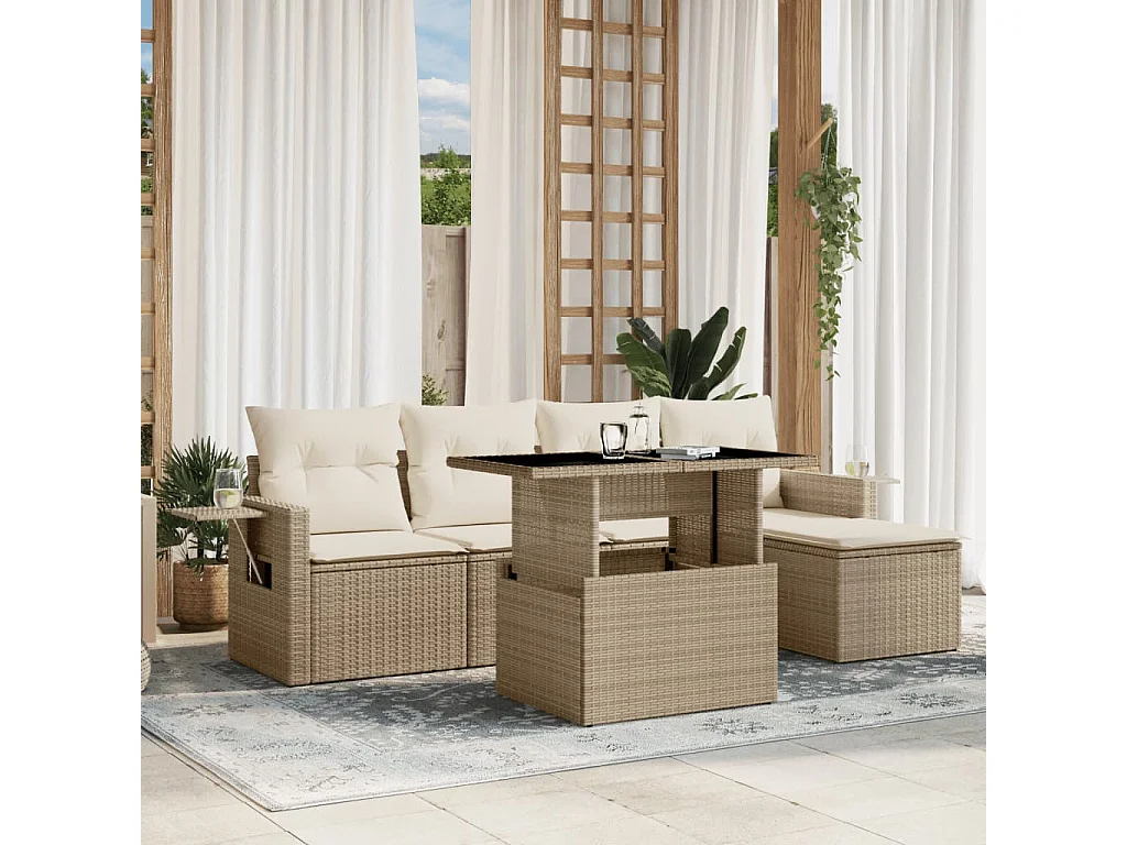 6-delige Loungeset met kussens poly rattan beige