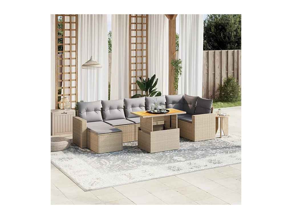 8-delige Loungeset met kussens poly rattan beige