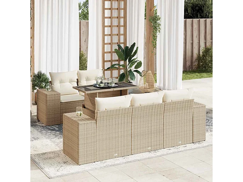 Salon de jardin avec coussins 6 pièces beige résine tressée