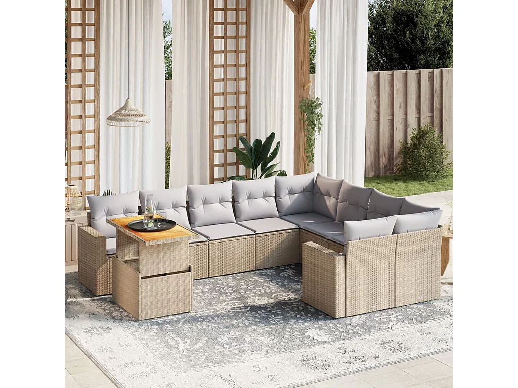 10-delige Loungeset met kussens poly rattan beige