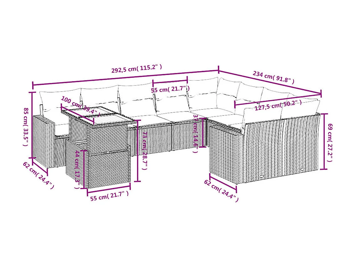 10-delige Loungeset met kussens poly rattan beige