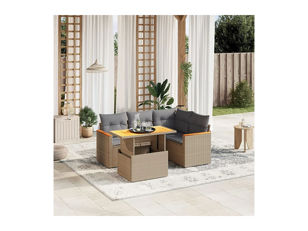 Salon de jardin avec coussins 5 pièces beige résine tressée