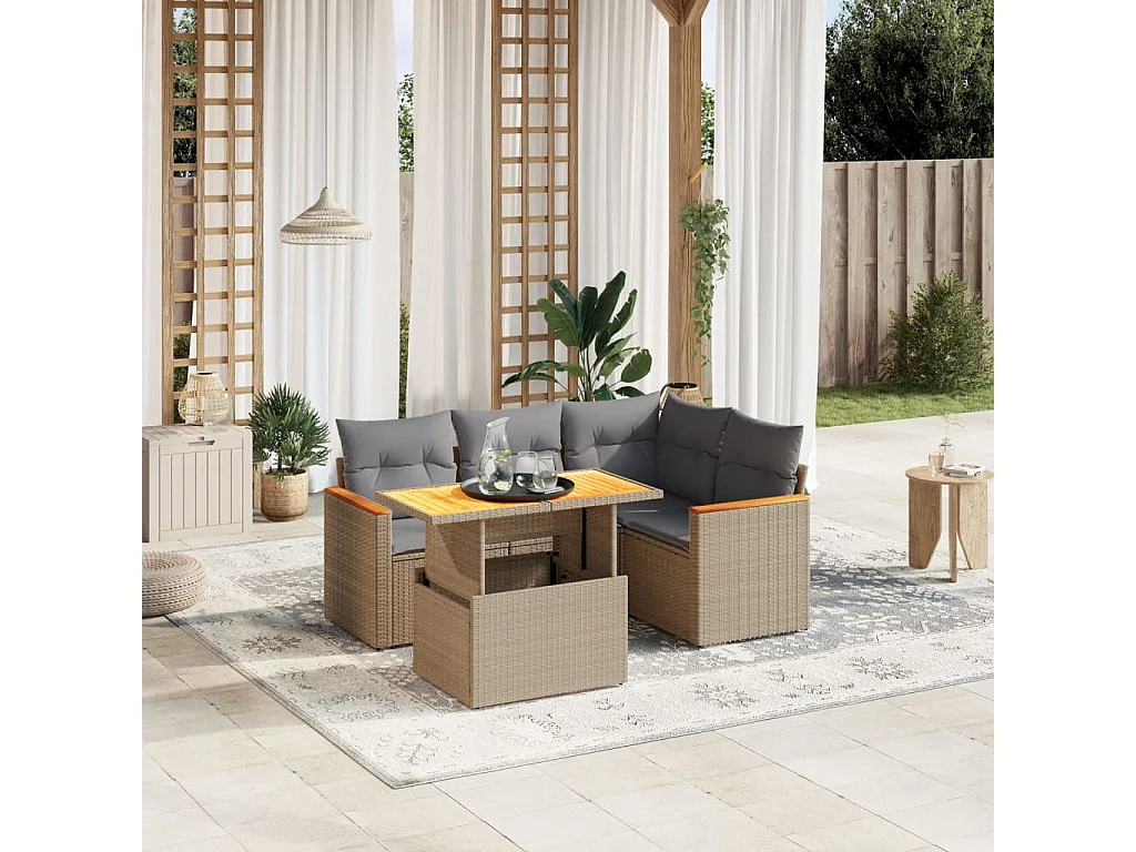 Salon de jardin avec coussins 5 pièces beige résine tressée