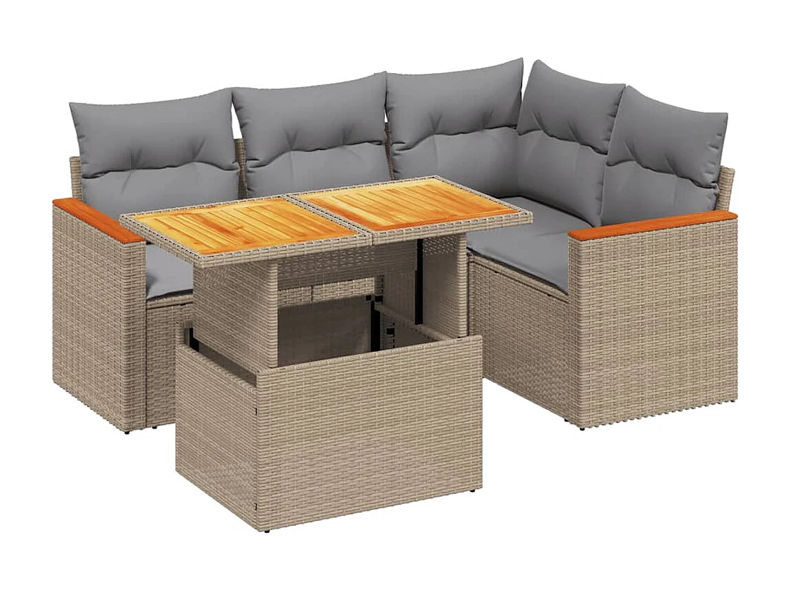 Salon de jardin avec coussins 5 pièces beige résine tressée