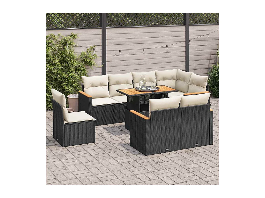 Salon de jardin avec coussins 9 pièces noir résine tressée acacia