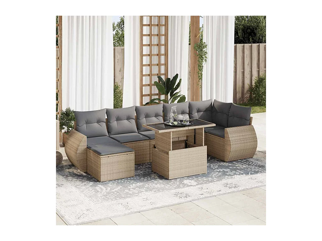 8 peças conjunto de sofás para jardim com almofadões vime PE bege