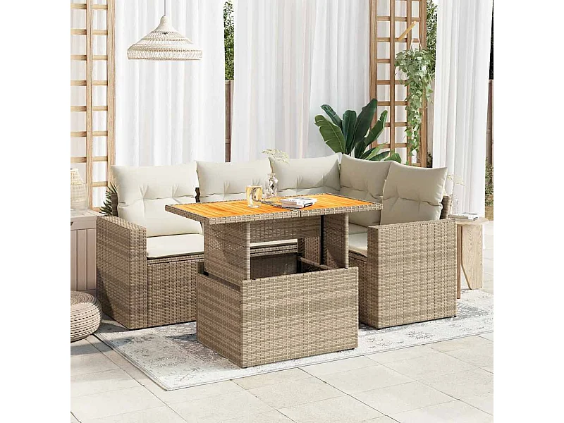 Salon de jardin avec coussins 5 pièces beige résine tressée