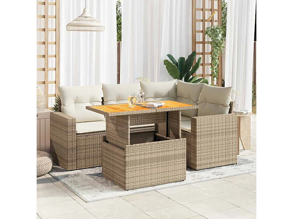 Salon de jardin avec coussins 5 pièces beige résine tressée