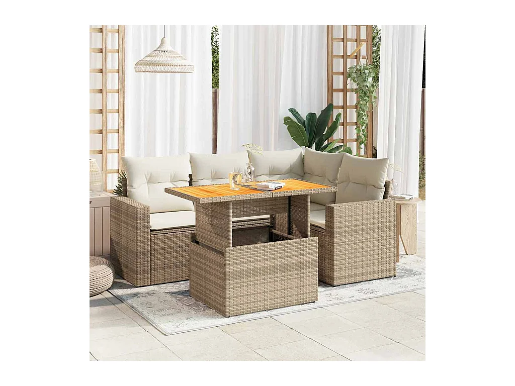 Salon de jardin avec coussins 5 pièces beige résine tressée