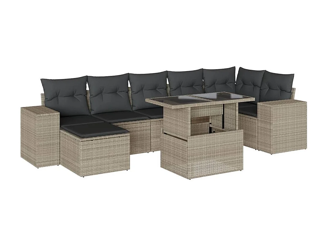 8 peças conj. sofás jardim com almofadões vime PE cinzento-claro