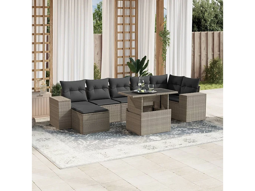 Salon de jardin 8 pièces avec coussins gris clair résine tressée