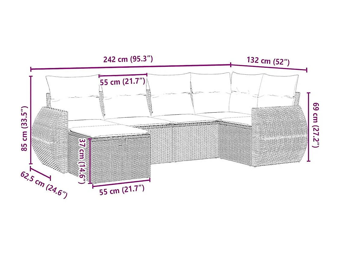 6-delige Loungeset met kussens poly rattan lichtgrijs