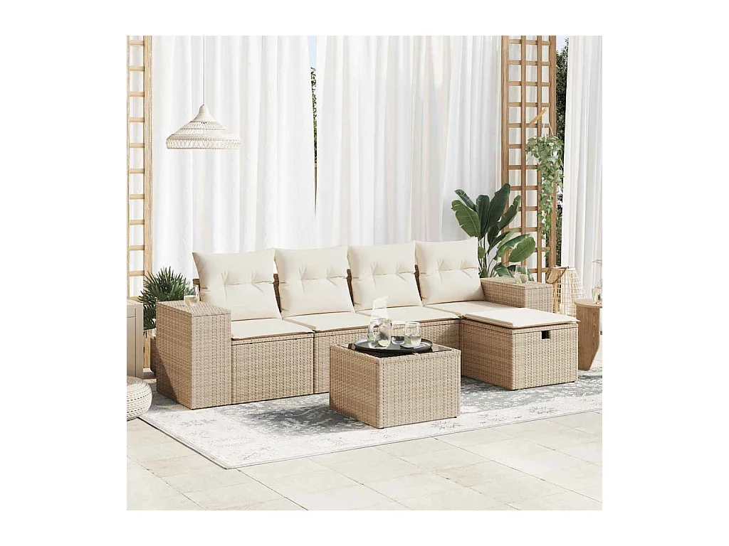 Juego de sofás jardín con cojines 6 piezas ratán sintético beige