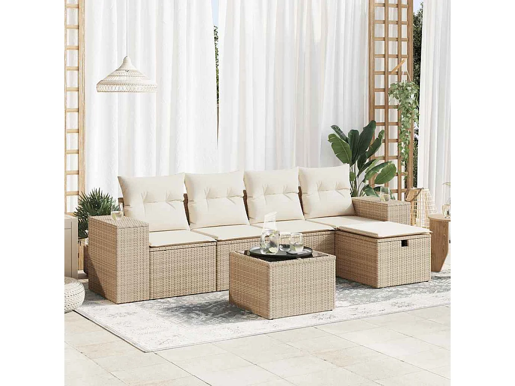 6-delige Loungeset met kussens poly rattan beige