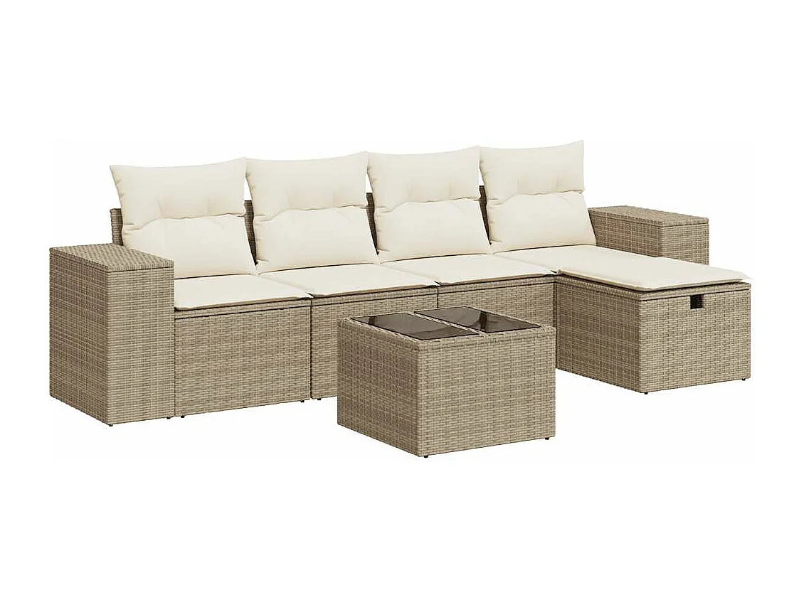 6-delige Loungeset met kussens poly rattan beige