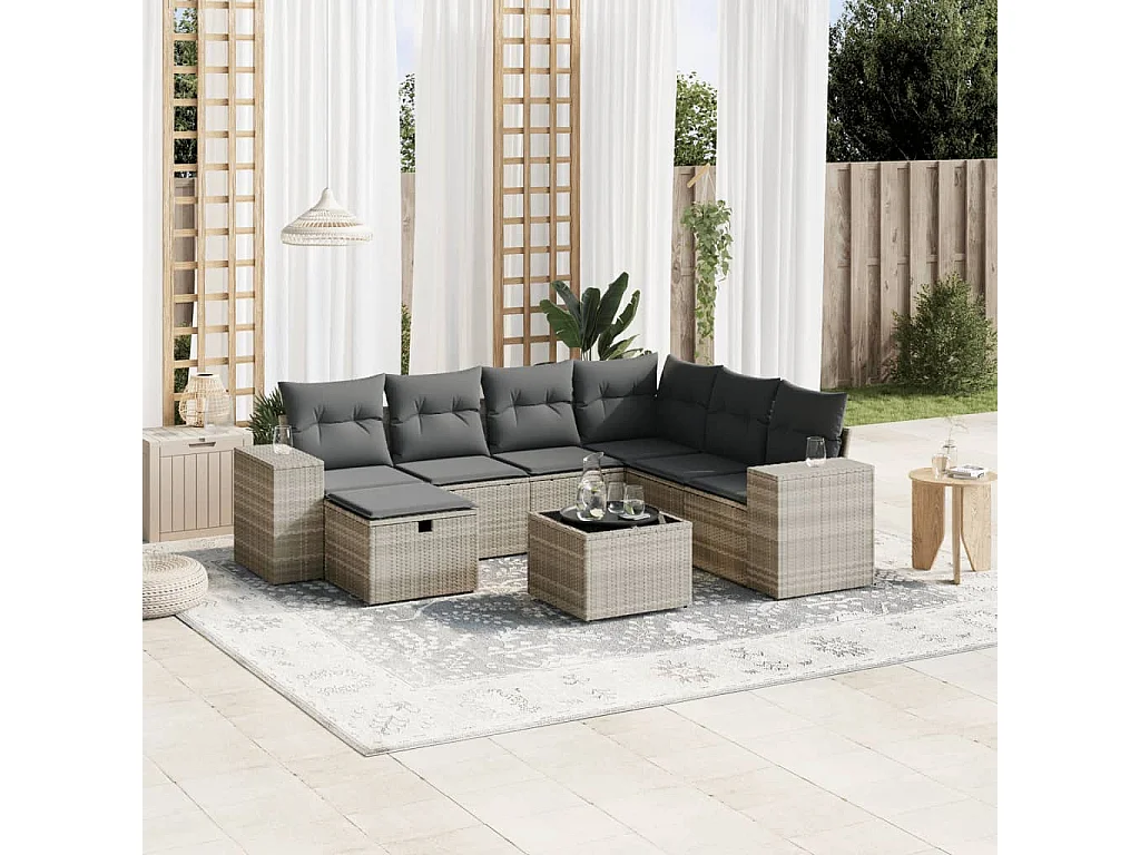 8 peças conj. sofás jardim com almofadões vime PE cinzento-claro