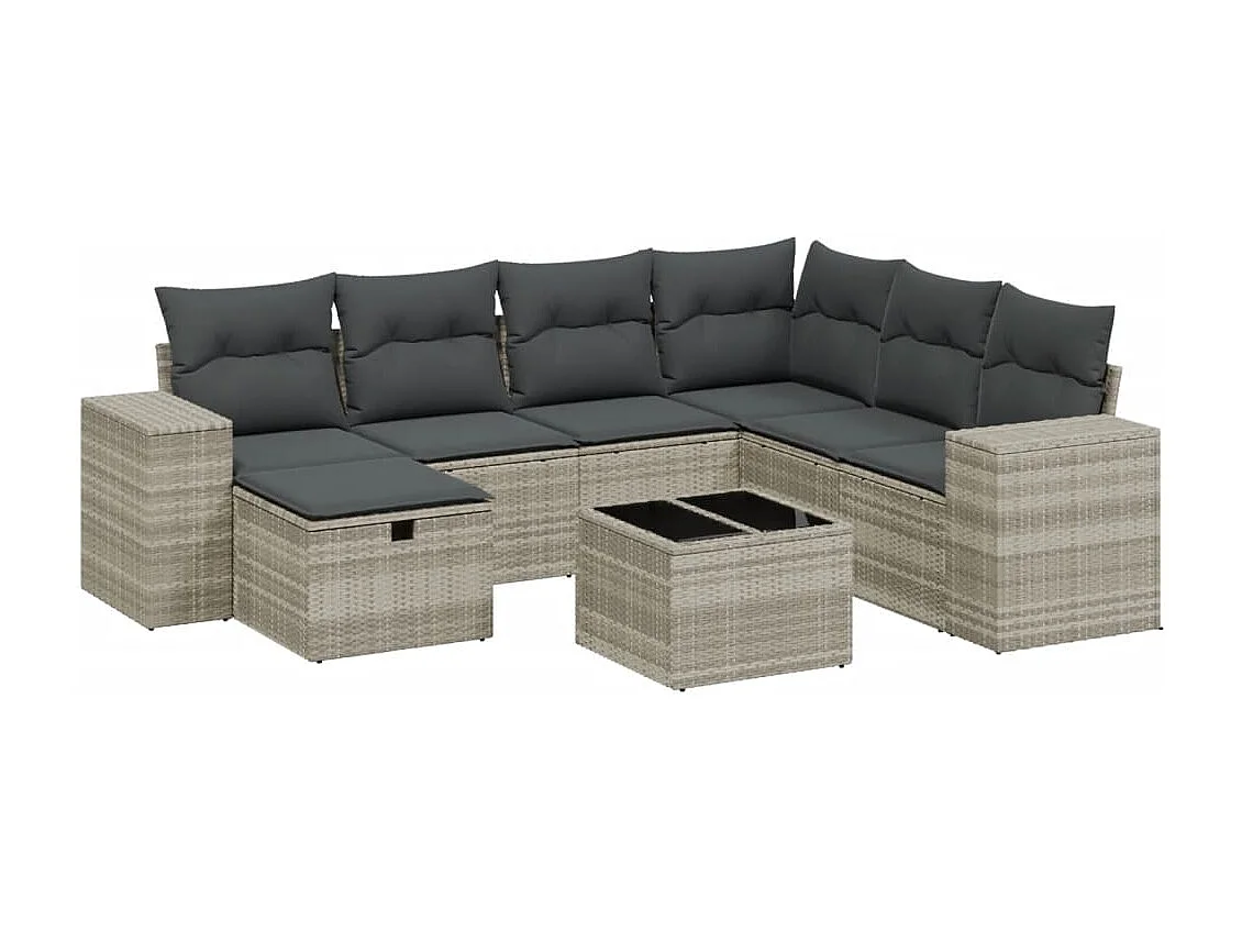 8 peças conj. sofás jardim com almofadões vime PE cinzento-claro