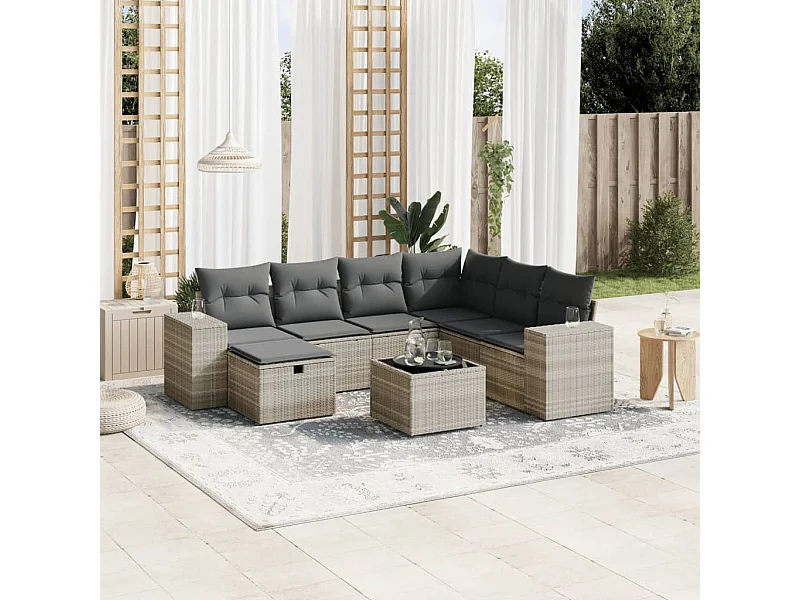 Salon de jardin 8 pièces avec coussins gris clair résine tressée