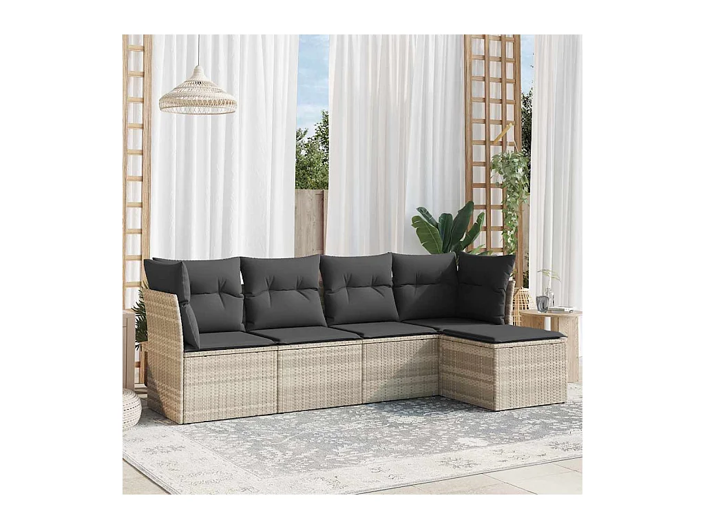 5-delige Loungeset met kussens poly rattan lichtgrijs