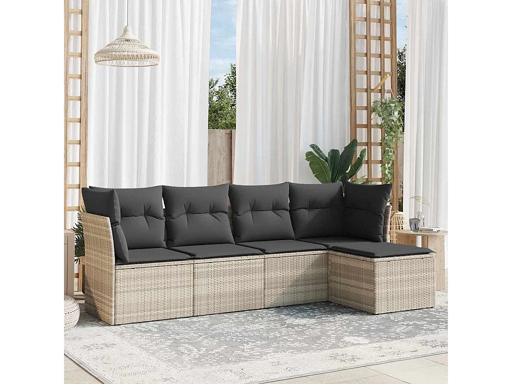 Salon de jardin 5 pièces avec coussins gris clair résine tressée