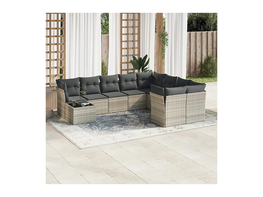 10-delige Loungeset met kussens poly rattan lichtgrijs