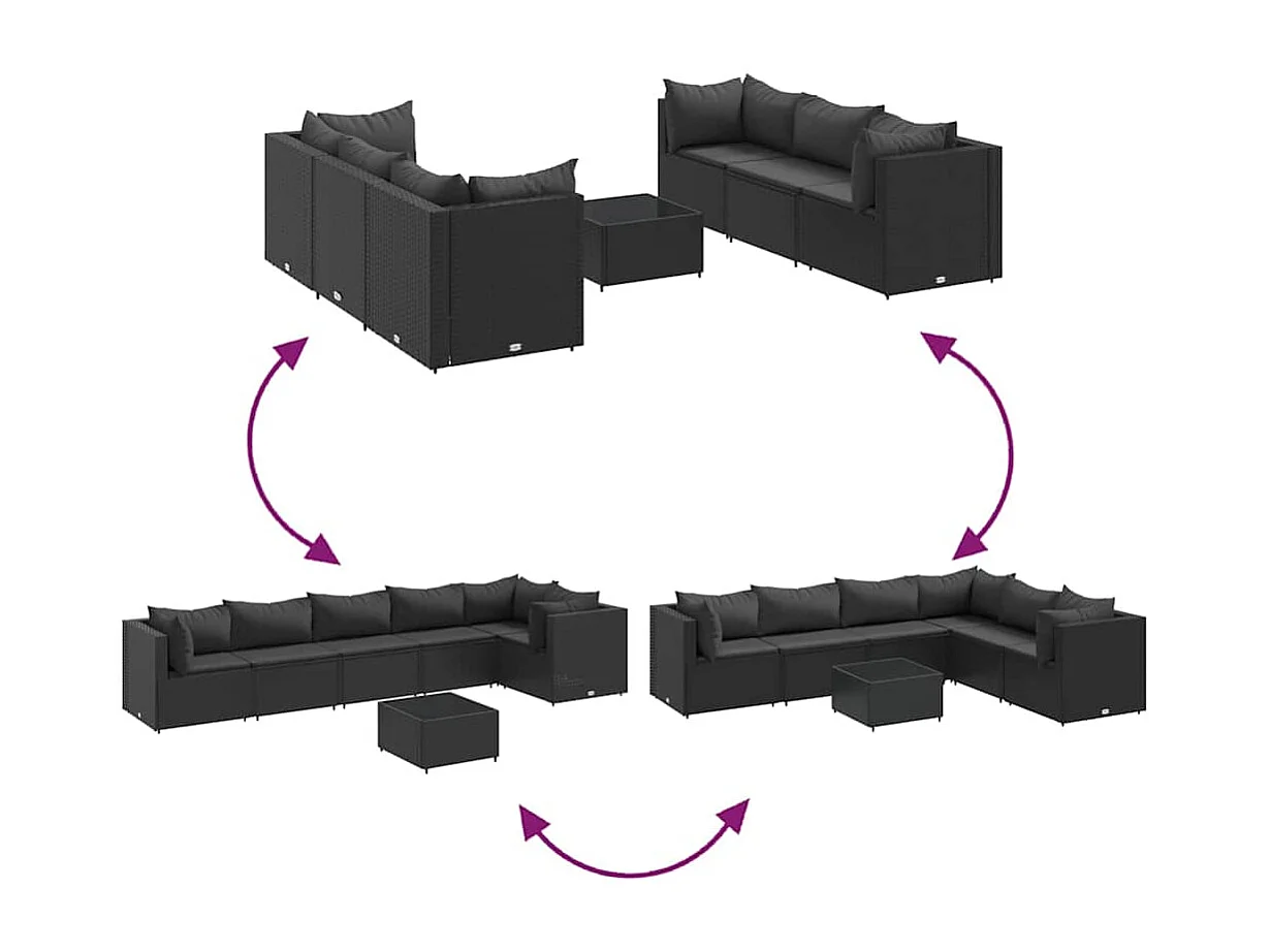 7-delige Loungeset met kussens poly rattan zwart
