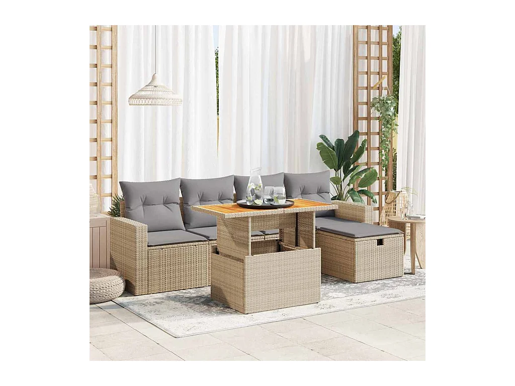 Set sofás jardín y cojines 6 piezas ratán sintético acacia beige