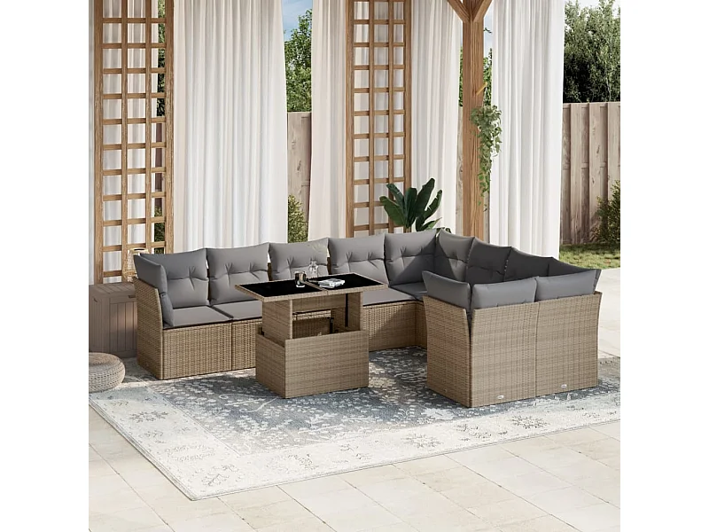 Salon de jardin avec coussins 10 pièces beige résine tressée