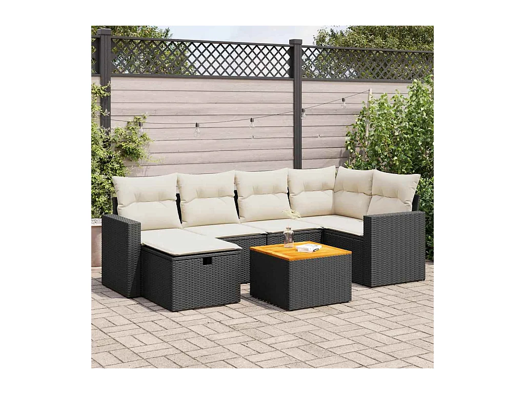 7-delige Loungeset met kussens poly rattan zwart