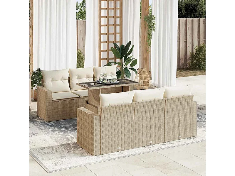 7-delige Loungeset met kussens poly rattan beige