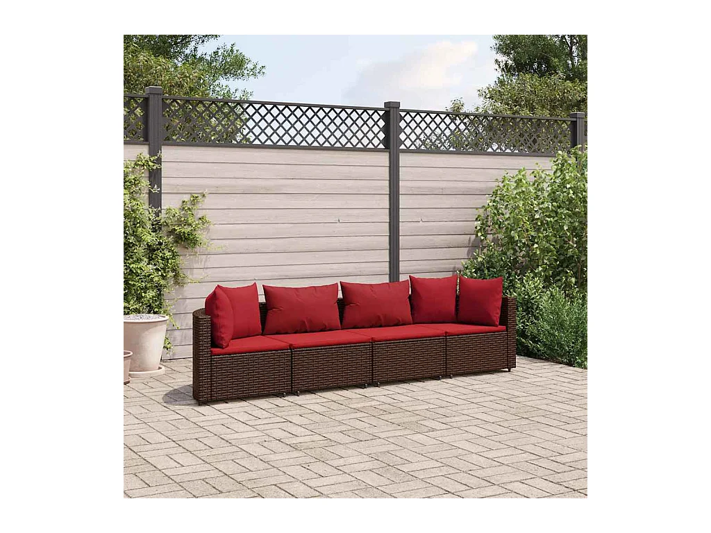 Set de sofás de jardín 4 piezas y cojines ratán sintético marrón