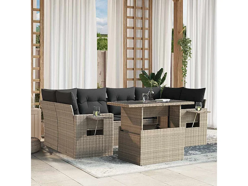 Salon de jardin avec coussins 7 pièces gris clair résine tressée