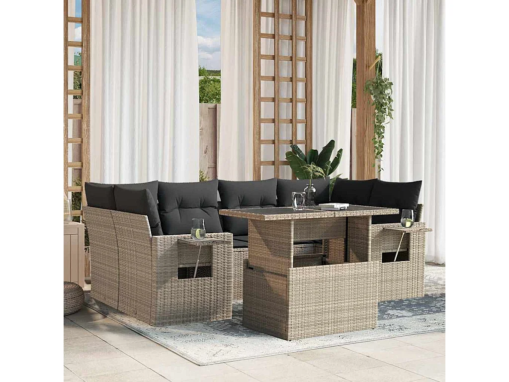 Salon de jardin avec coussins 7 pièces gris clair résine tressée