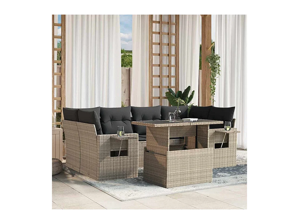 Set de sofás de jardín 7 piezas con cojines ratán PE gris claro