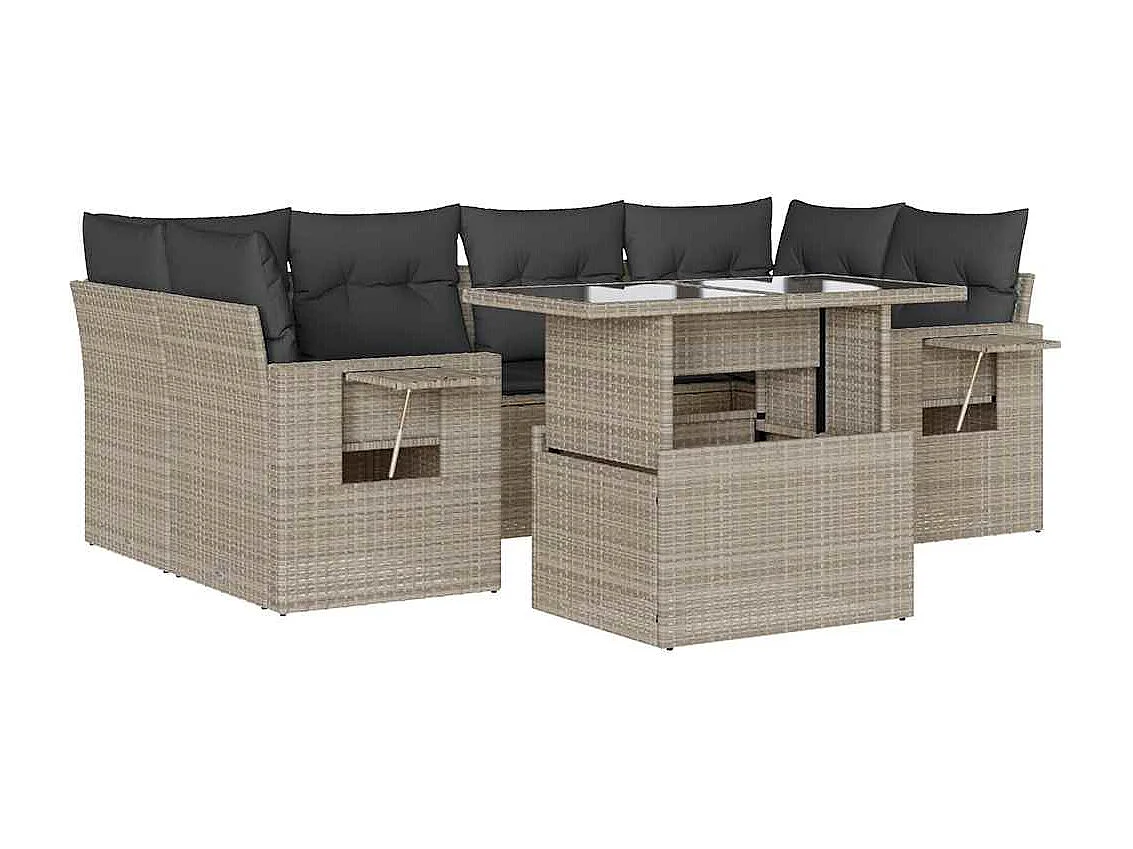 7-delige Loungeset met kussens poly rattan lichtgrijs