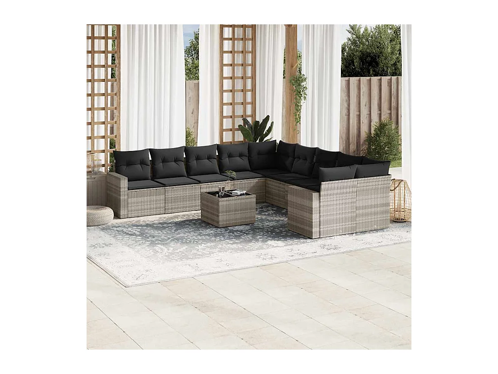 Set de sofás de jardín 11 piezas y cojines ratán sintético gris