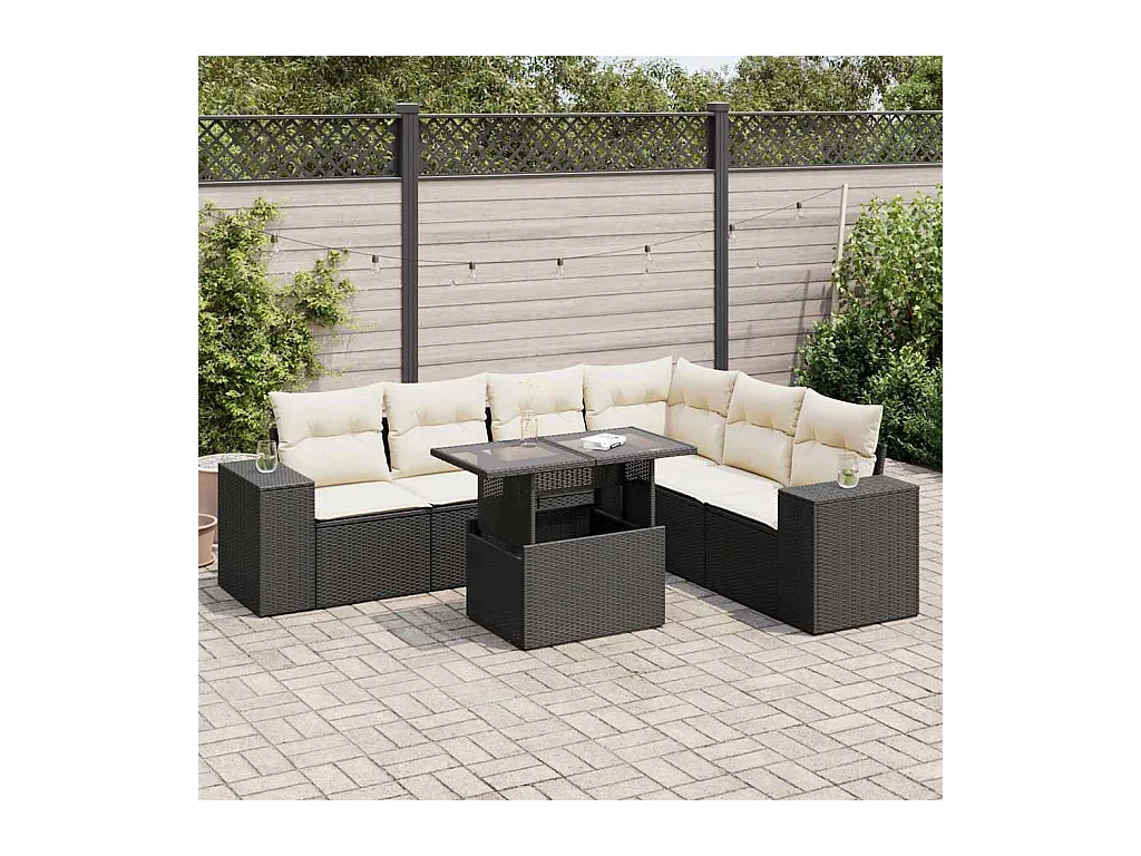 Salon de jardin 7 pièces avec coussins noir résine tressée