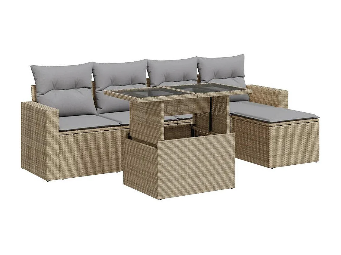 6-delige Loungeset met kussens poly rattan beige
