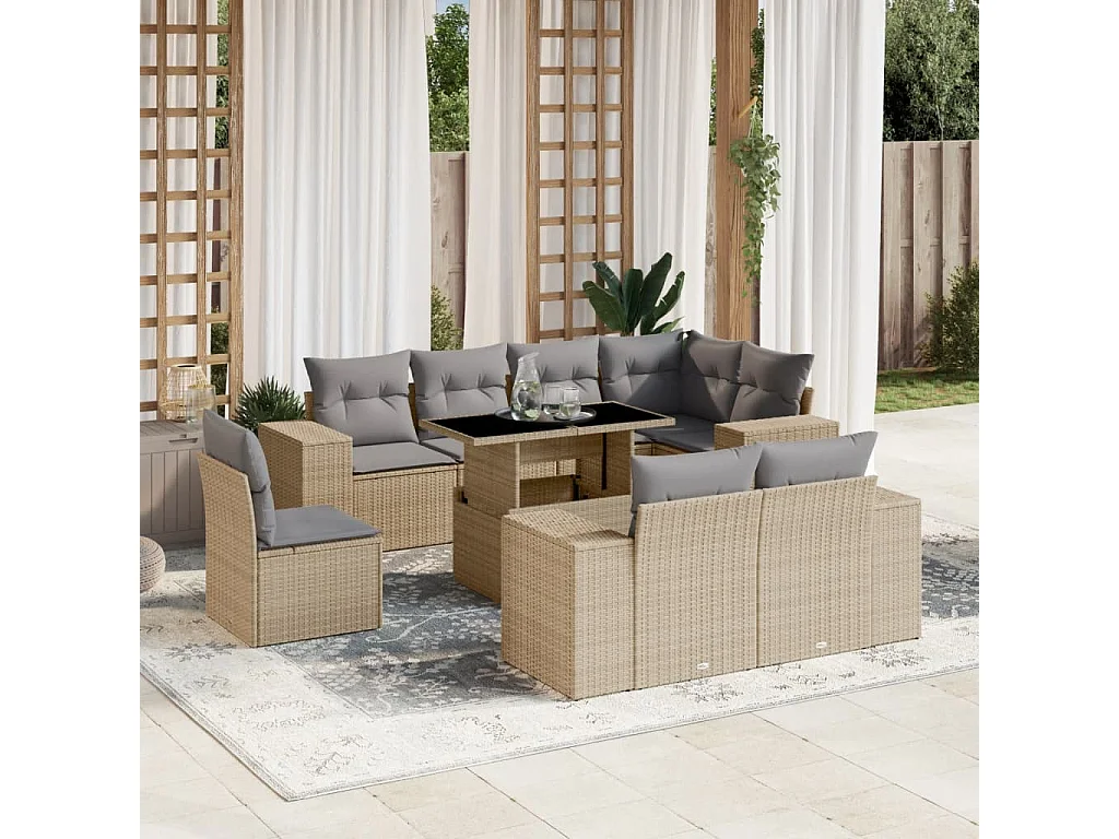 Set de sofás de jardín 9 piezas con cojines ratán sintético beige