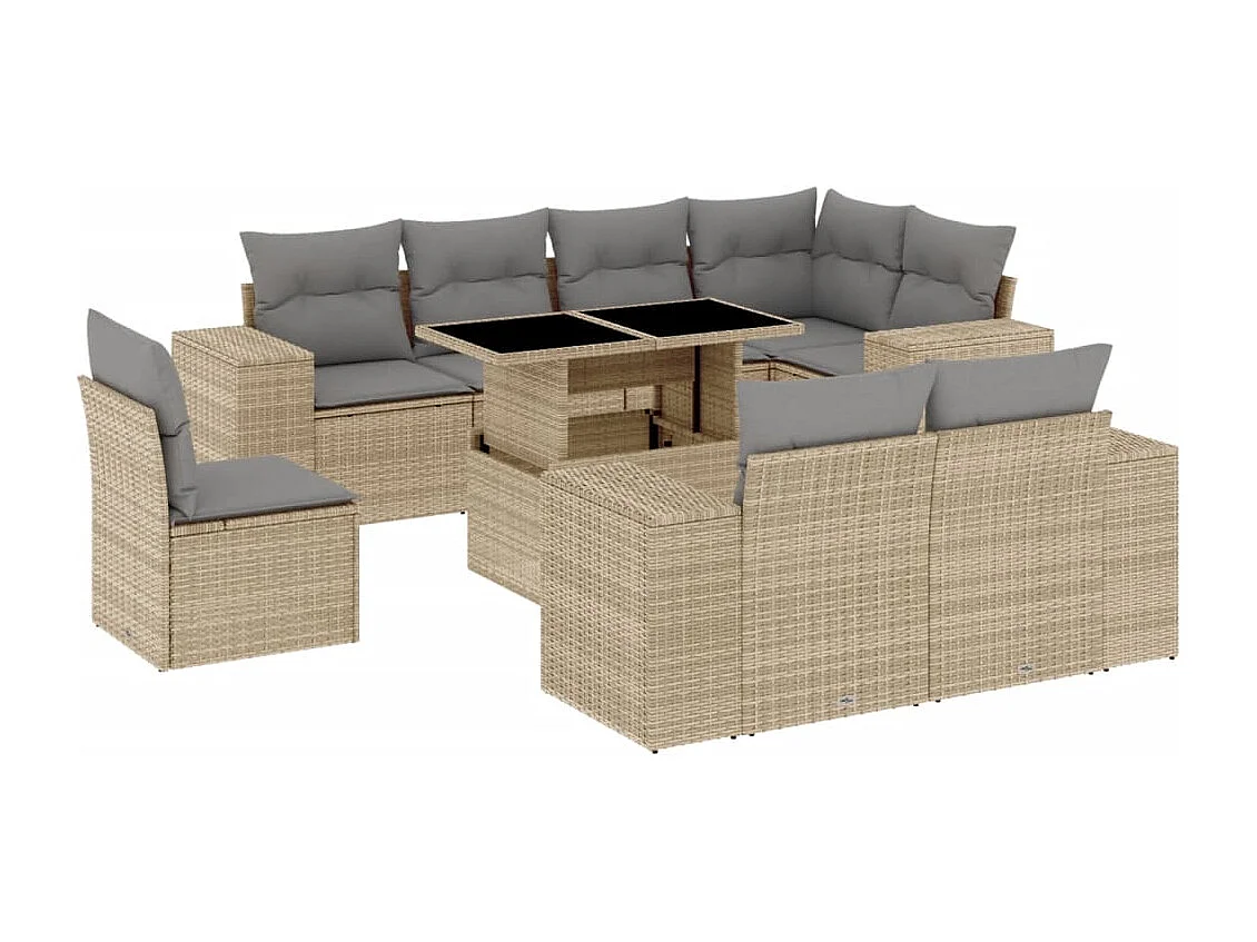 Set de sofás de jardín 9 piezas con cojines ratán sintético beige
