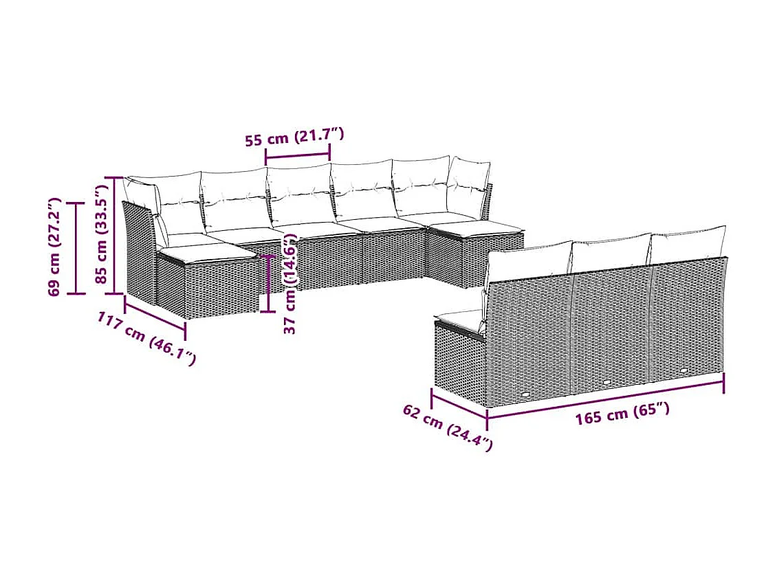 Salon de jardin avec coussins 10 pièces gris clair résine tressée
