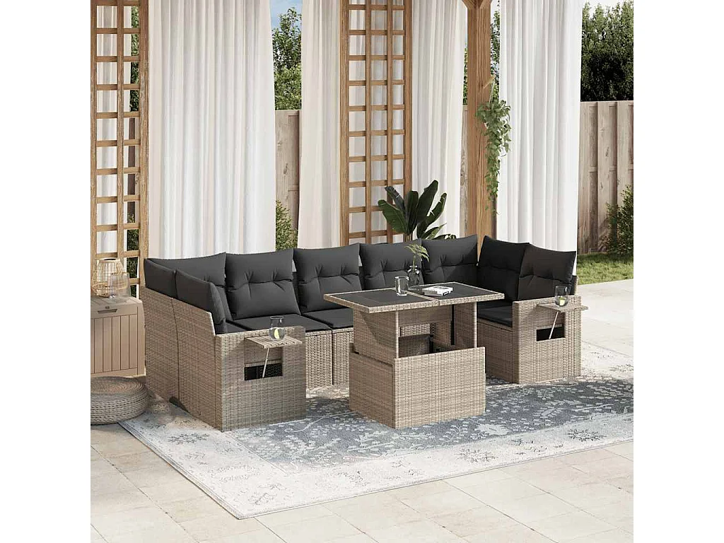 Salon de jardin 8 pièces avec coussins gris clair résine tressée