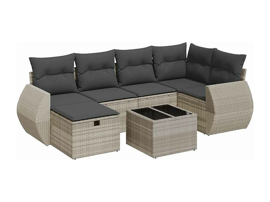 7-delige Loungeset met kussens poly rattan lichtgrijs