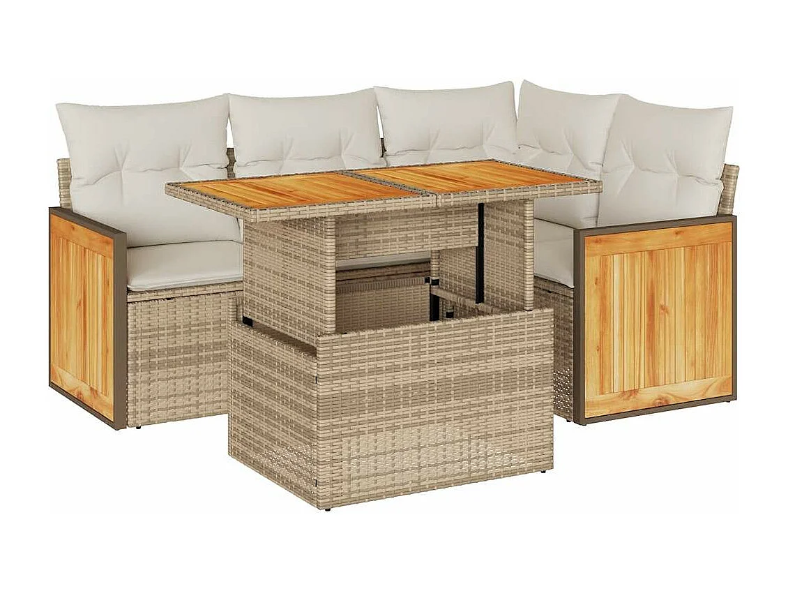 Salon de jardin avec coussins 5 pièces beige résine tressée acacia