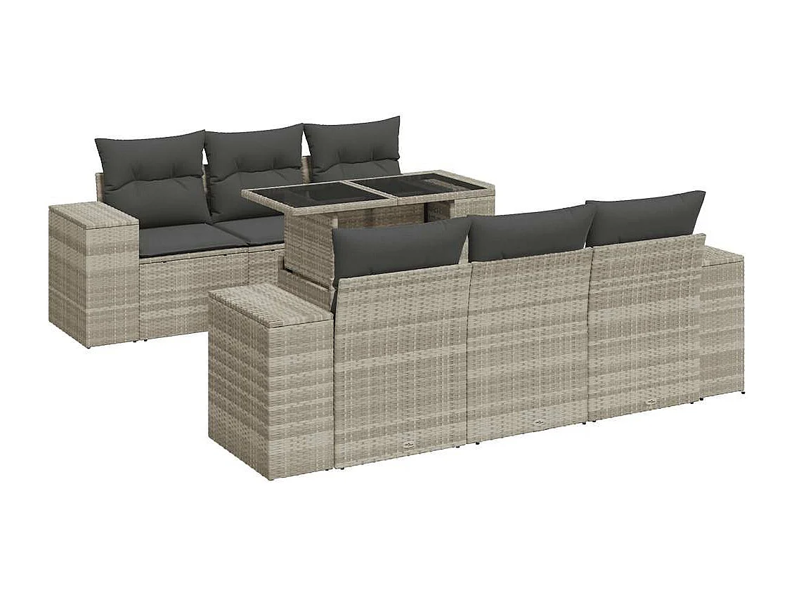 Set de sofás de jardín 7 piezas con cojines ratán PE gris claro