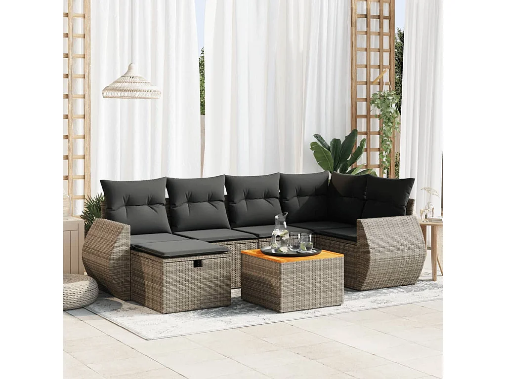 Set de sofás de jardín 7 piezas con cojines ratán sintético gris