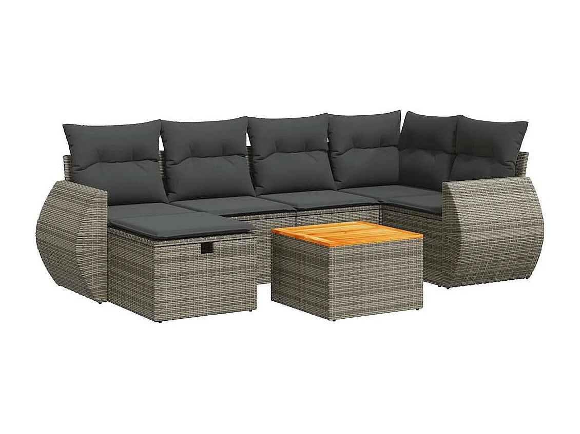 Set de sofás de jardín 7 piezas con cojines ratán sintético gris