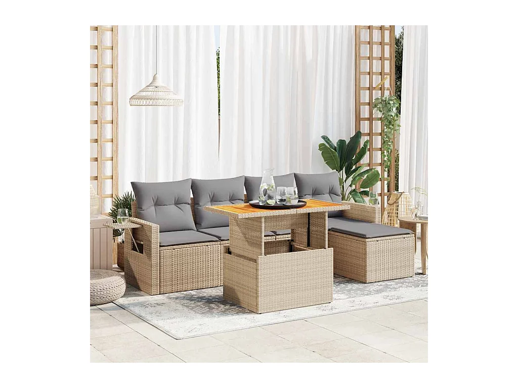 Salon de jardin avec coussins 6 pièces beige résine tressée