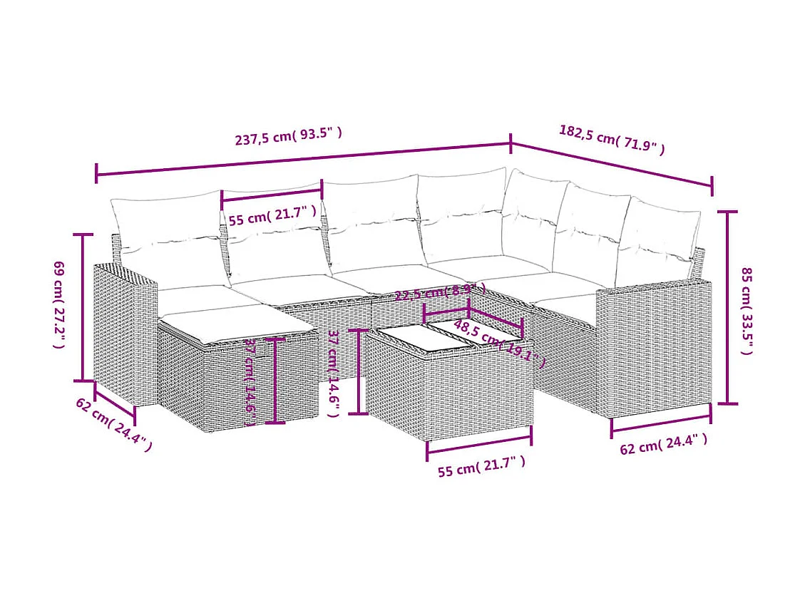 8-delige Loungeset met kussens poly rattan lichtgrijs